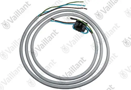 Vaillant Netzanschlusskabel mit mehreren Adern in Grau, verbunden mit einem schwarzen Steckverbinder und farblich kodierten Leitungen für elektrischen Anschluss.